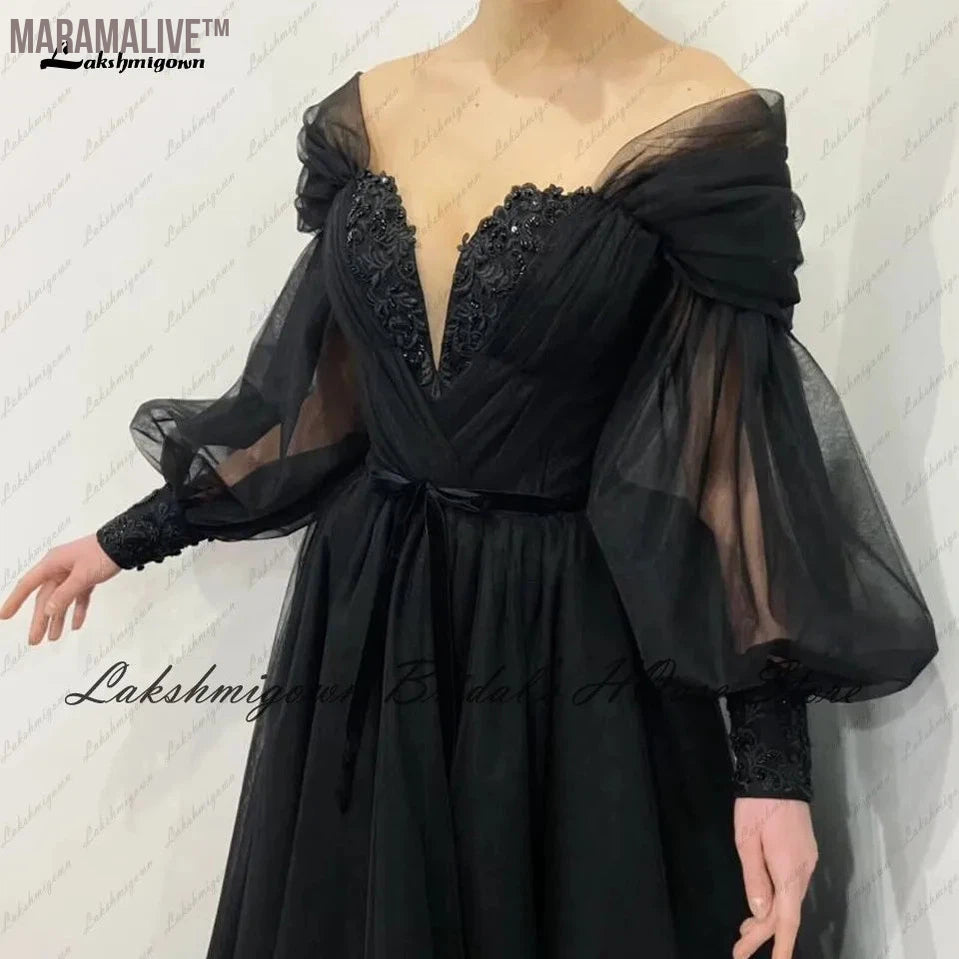 Lakshmigown Black Dress Women Puffy Long Sleeve Wedding Gowns 2022 Vestido Longo Festa Sweetheart Beaded Gothic Bridal Dresses