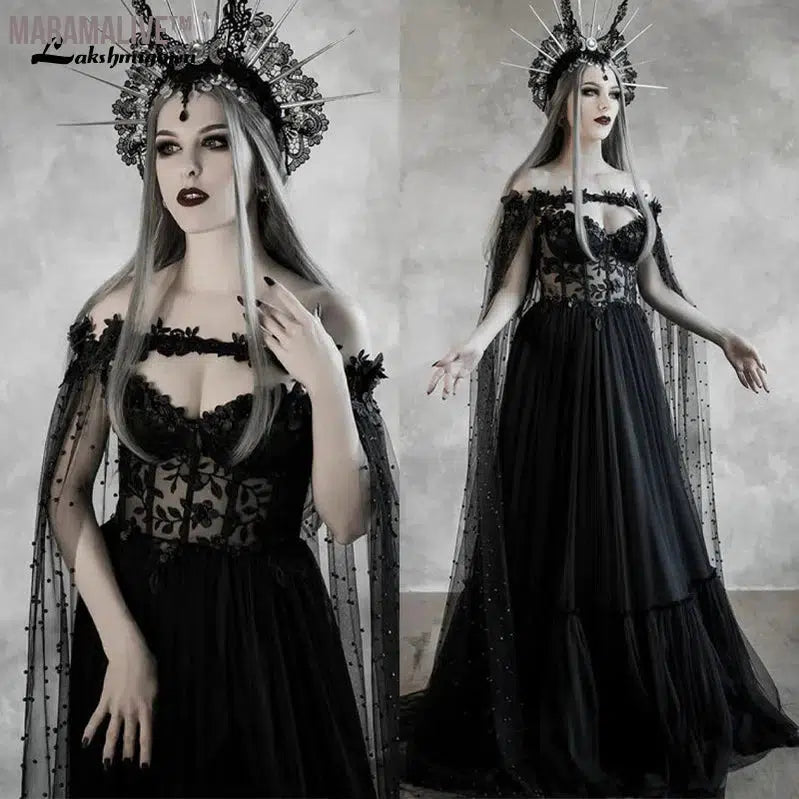 Lakshmigown Dark Fairytale Gothic Black Wedding Dresses With Cupped Corset Bodice Fantasy Bridal Gown Halloween Wedding Cloak