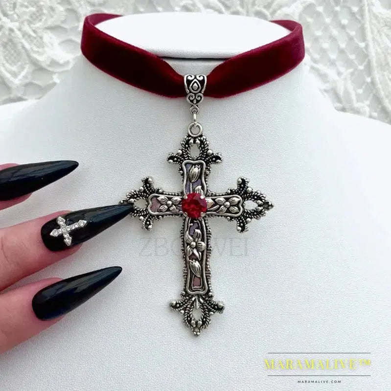 Large Cross Choker, Red Goth Choker, Gothic Cross, Goth Cross Velvet Choker, Red Velvet Choker with Cross, Velvet Cross Choker,