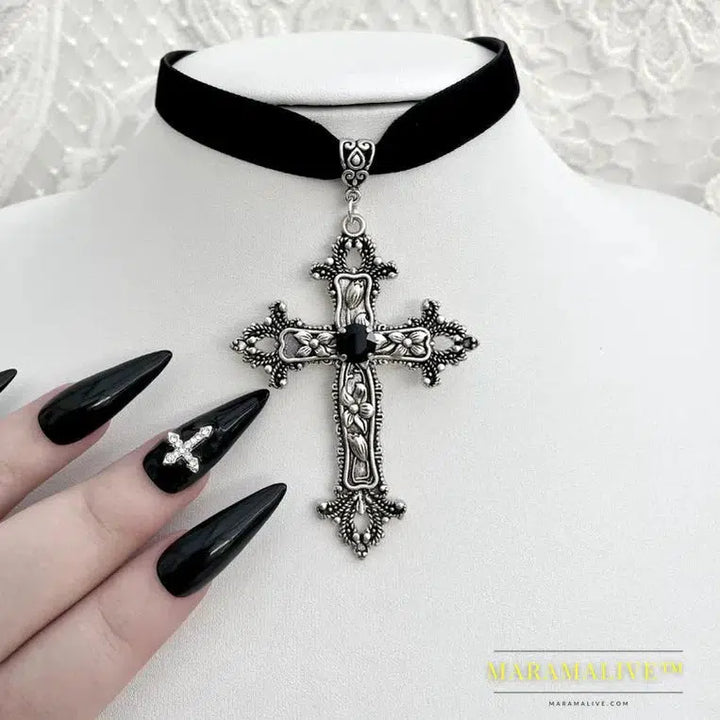 Large Cross Choker, Red Goth Choker, Gothic Cross, Goth Cross Velvet Choker, Red Velvet Choker with Cross, Velvet Cross Choker,