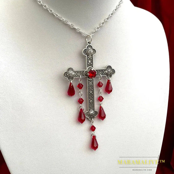 Large Cross Choker, Red Goth Choker, Gothic Cross, Goth Cross Velvet Choker, Red Velvet Choker with Cross, Velvet Cross Choker,