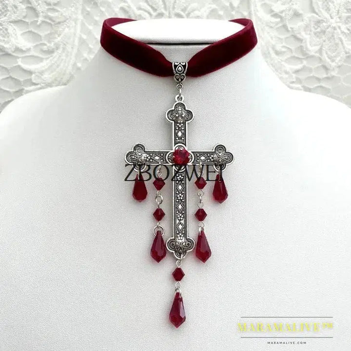 Large Cross Choker, Red Goth Choker, Gothic Cross, Goth Cross Velvet Choker, Red Velvet Choker with Cross, Velvet Cross Choker,