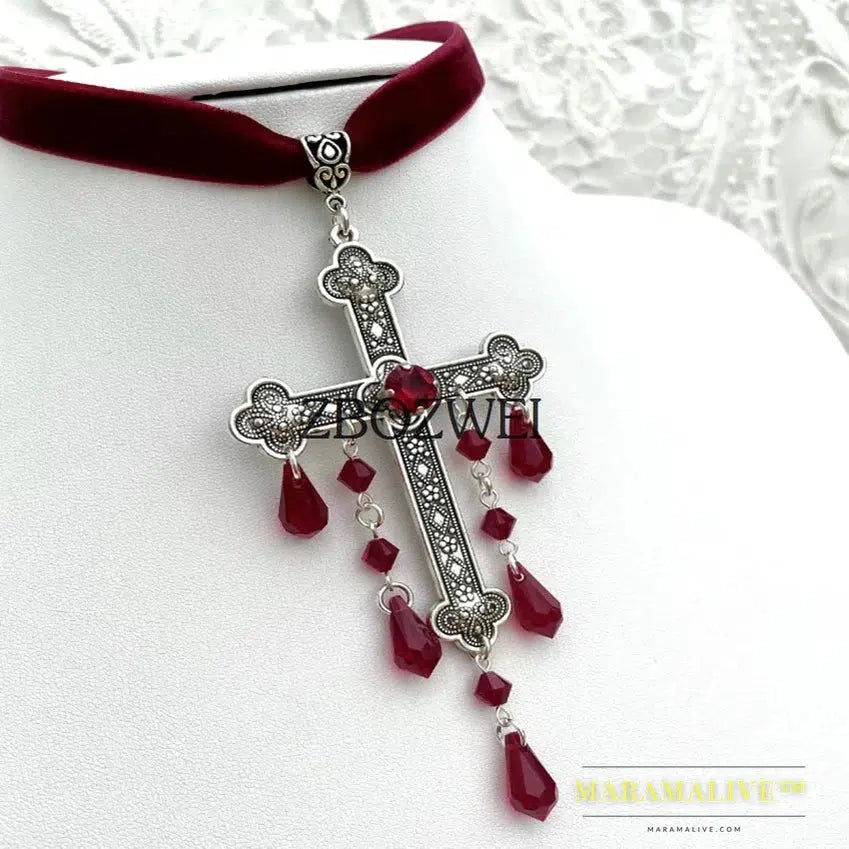 Large Cross Choker, Red Goth Choker, Gothic Cross, Goth Cross Velvet Choker, Red Velvet Choker with Cross, Velvet Cross Choker,