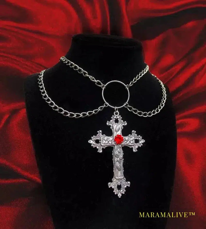 Large Cross Choker, Red Goth Choker, Gothic Cross, Goth Cross Velvet Choker, Red Velvet Choker with Cross, Velvet Cross Choker,