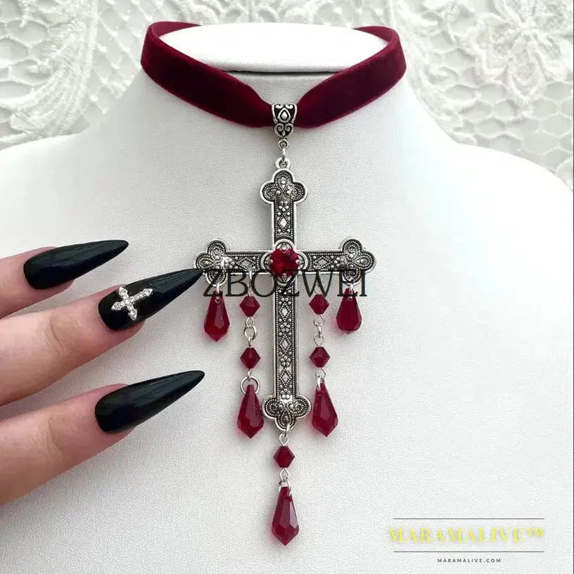 Large Cross Choker, Red Goth Choker, Gothic Cross, Goth Cross Velvet Choker, Red Velvet Choker with Cross, Velvet Cross Choker,