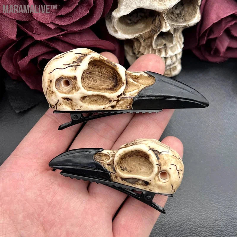 Large Raven Skull Hair Clip Barrette Gothic Headpiece -Resin Skull Hair Accessory Crow Goth Bird Skull Gothic Wedding Bride Gift