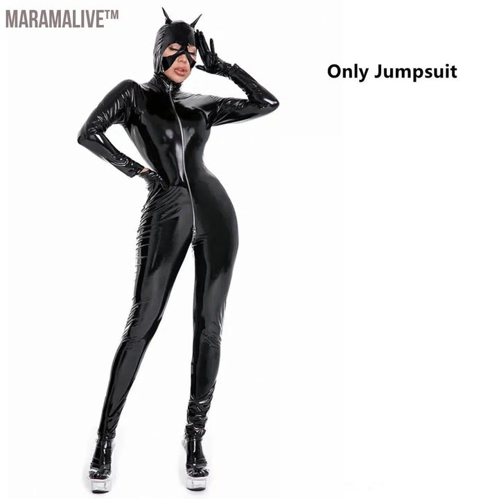 Latex Catsuit Women Wet Look Shiny PU Faux Leather Jumpsuits Suit Long Sleeve Zip Open Crotch Bodysuit Clubwear Plus Size S-5XL