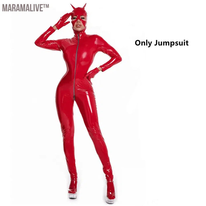 Latex Catsuit Women Wet Look Shiny PU Faux Leather Jumpsuits Suit Long Sleeve Zip Open Crotch Bodysuit Clubwear Plus Size S-5XL