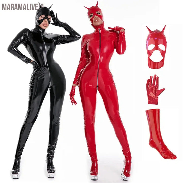 Latex Catsuit Women Wet Look Shiny PU Faux Leather Jumpsuits Suit Long Sleeve Zip Open Crotch Bodysuit Clubwear Plus Size S-5XL