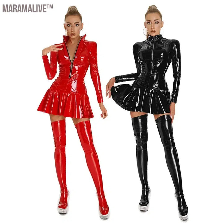 Latex Hollow Zipper Stand Up Collar A-Line Mini Pleated Skirt Latex Dresses Women's Wet PVC Leather Tight Bodycon Mini Dress