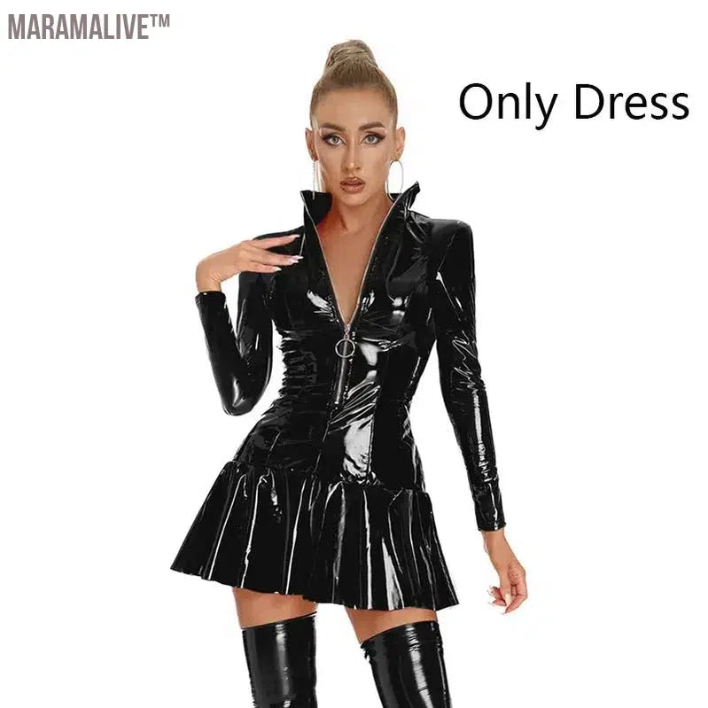 Latex Hollow Zipper Stand Up Collar A-Line Mini Pleated Skirt Latex Dresses Women's Wet PVC Leather Tight Bodycon Mini Dress