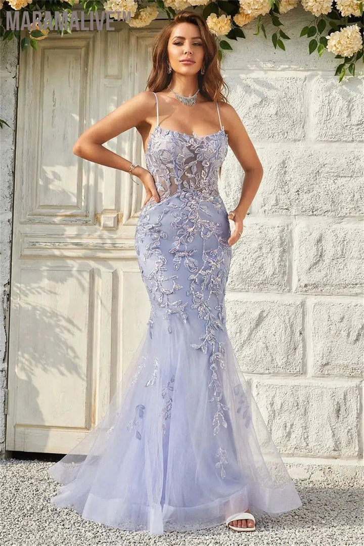 Lavender Sexy Backless Mermaid Prom Dress Spaghetti Strap vestidos de fiesta Lace Embroidery Tulle Evening Dress 2024