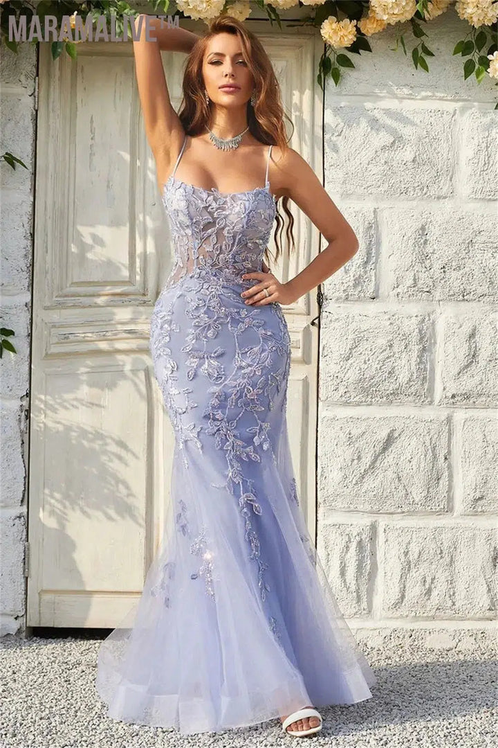 Lavender Sexy Backless Mermaid Prom Dress Spaghetti Strap vestidos de fiesta Lace Embroidery Tulle Evening Dress 2024