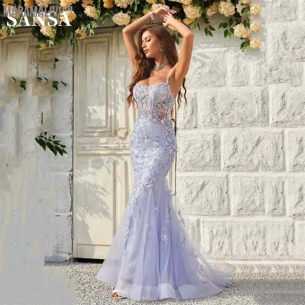 Lavender Sexy Backless Mermaid Prom Dress Spaghetti Strap vestidos de fiesta Lace Embroidery Tulle Evening Dress 2024