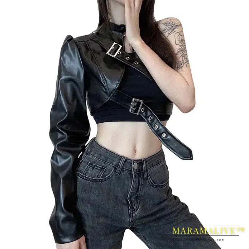 Leather Goth Crop Top for Women Punk Single Long Sleeve Neck Hanger Leather Belt Connected Tops 80s Emo Alt Punk Jacket Coat