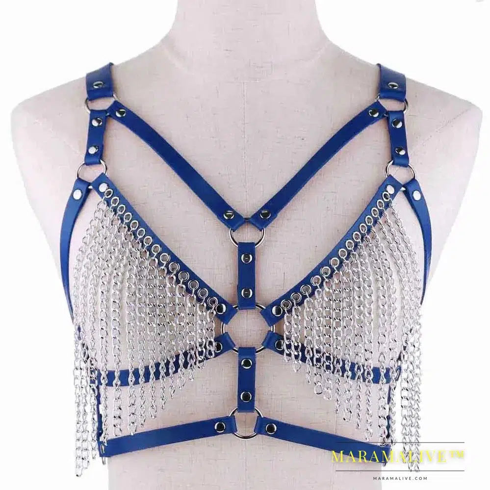 Leather chain harness body chain bra goth punk sexy chain top women body jewelry summer festival fashion rave outfit