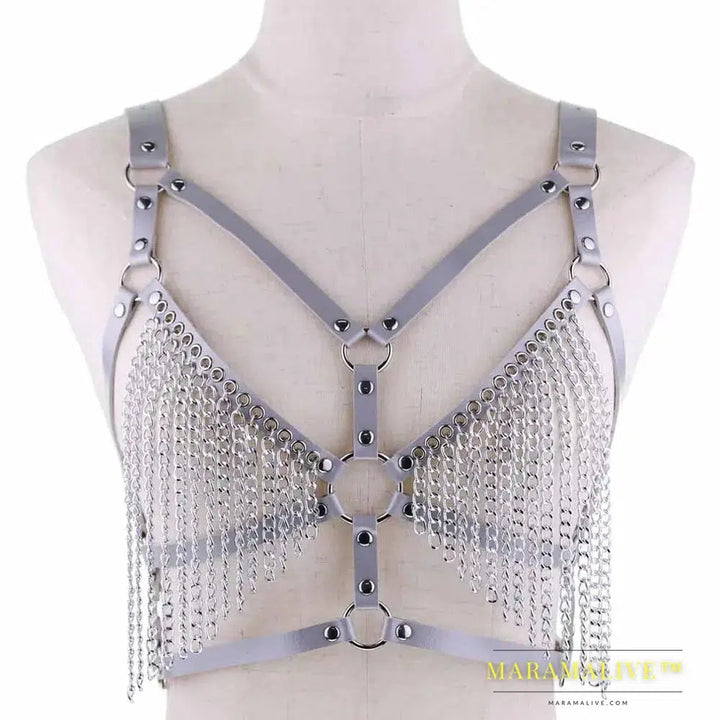 Leather chain harness body chain bra goth punk sexy chain top women body jewelry summer festival fashion rave outfit