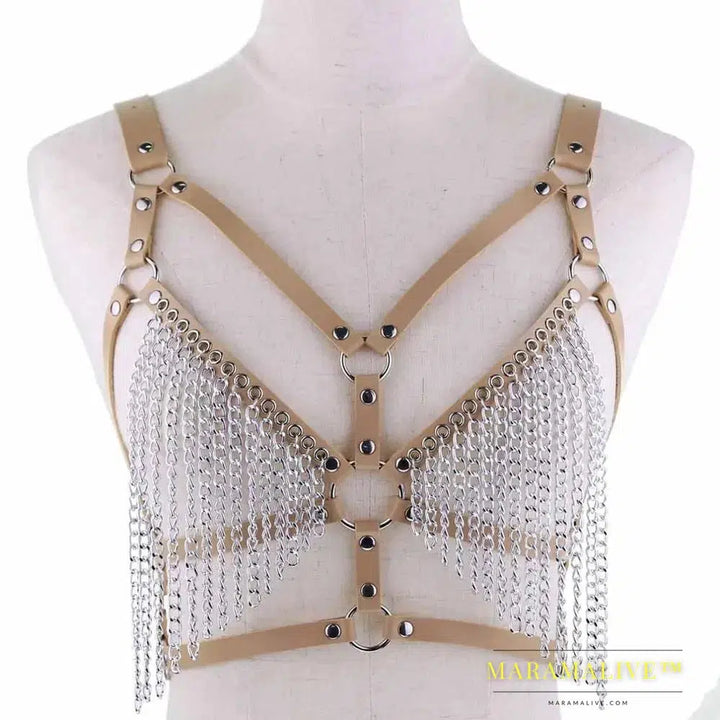 Leather chain harness body chain bra goth punk sexy chain top women body jewelry summer festival fashion rave outfit