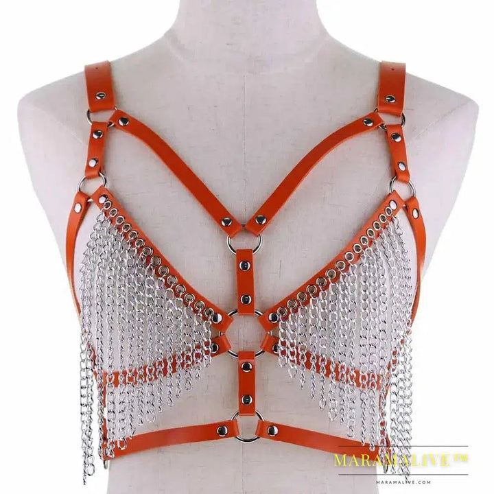 Leather chain harness body chain bra goth punk sexy chain top women body jewelry summer festival fashion rave outfit