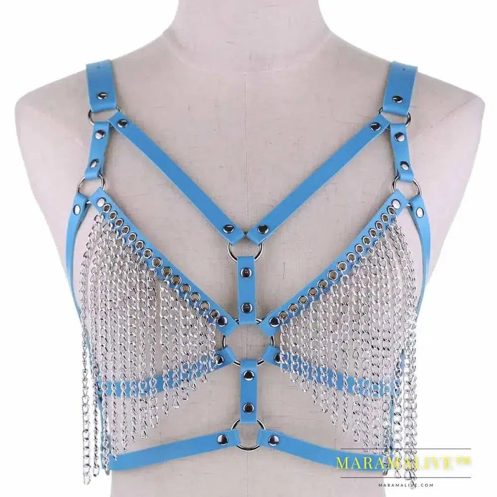 Leather chain harness body chain bra goth punk sexy chain top women body jewelry summer festival fashion rave outfit