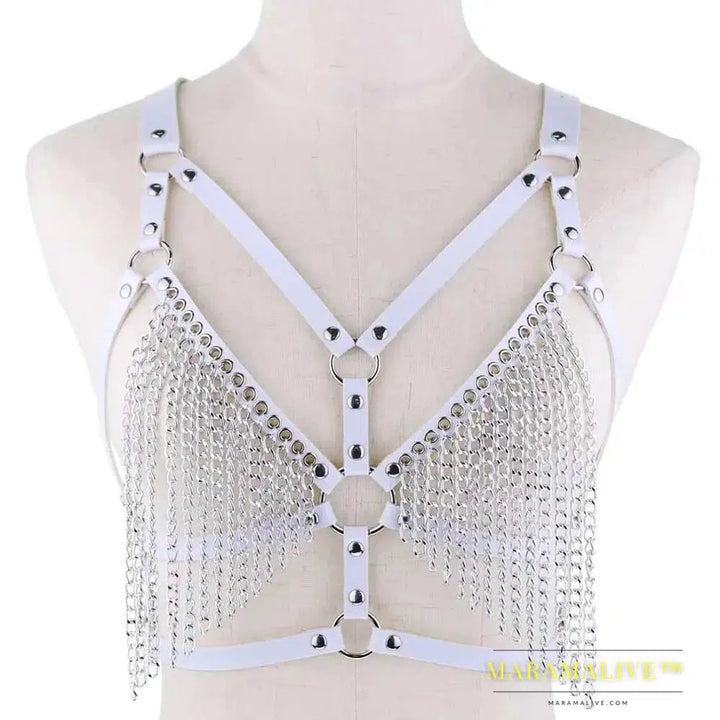 Leather chain harness body chain bra goth punk sexy chain top women body jewelry summer festival fashion rave outfit