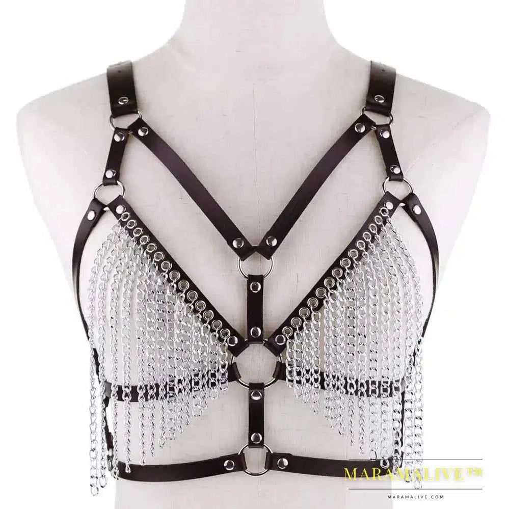 Leather chain harness body chain bra goth punk sexy chain top women body jewelry summer festival fashion rave outfit