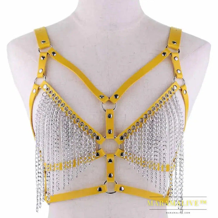 Leather chain harness body chain bra goth punk sexy chain top women body jewelry summer festival fashion rave outfit