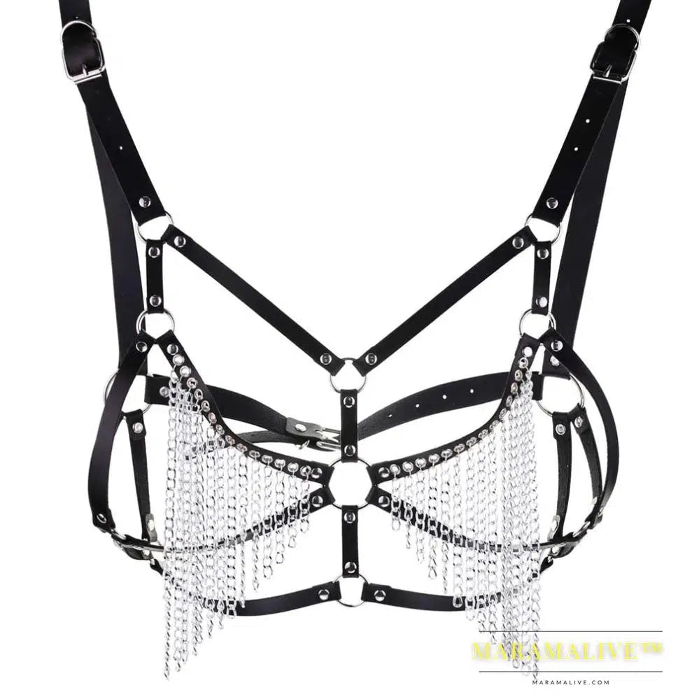 Leather chain harness body chain bra goth punk sexy chain top women body jewelry summer festival fashion rave outfit