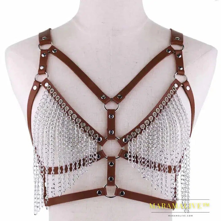 Leather chain harness body chain bra goth punk sexy chain top women body jewelry summer festival fashion rave outfit