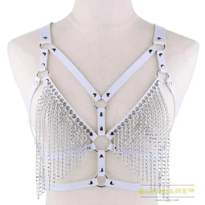 Leather chain harness body chain bra goth punk sexy chain top women body jewelry summer festival fashion rave outfit