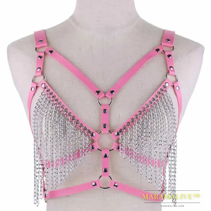 Leather chain harness body chain bra goth punk sexy chain top women body jewelry summer festival fashion rave outfit