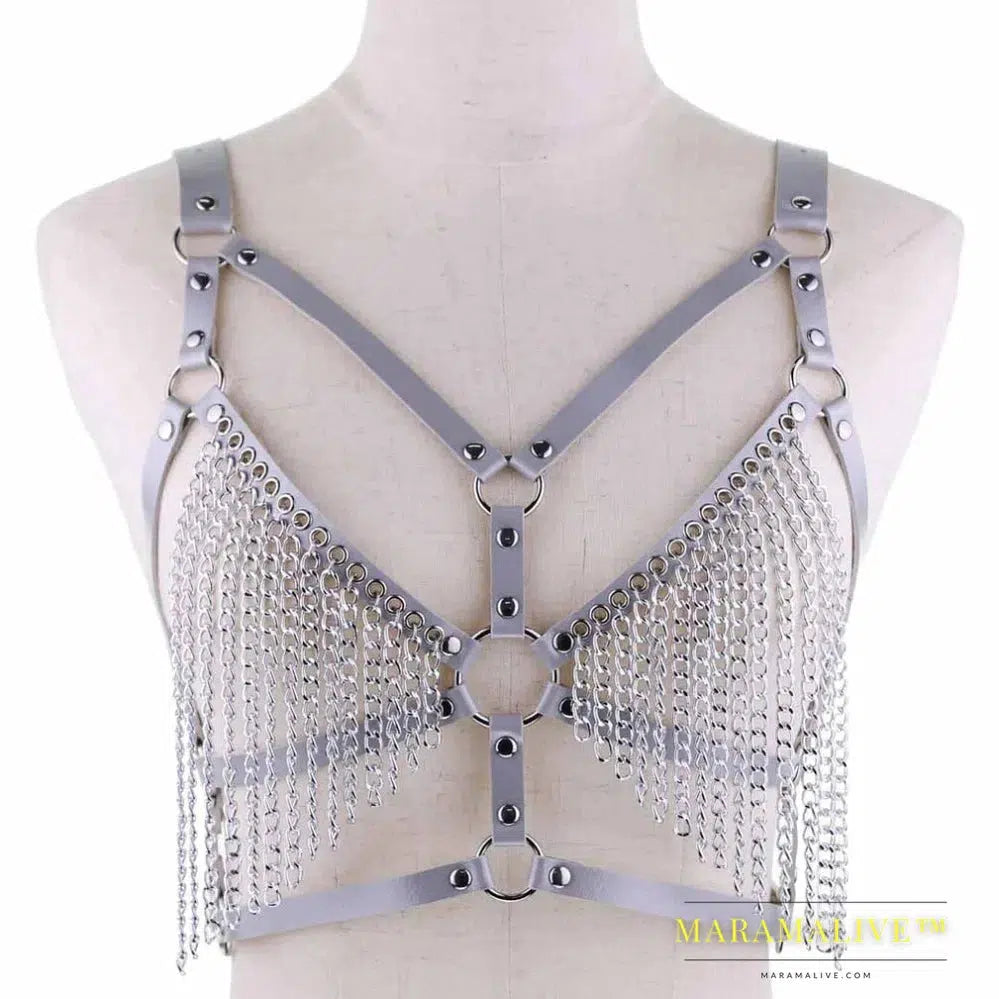 Leather chain harness body chain bra goth punk sexy chain top women body jewelry summer festival fashion rave outfit