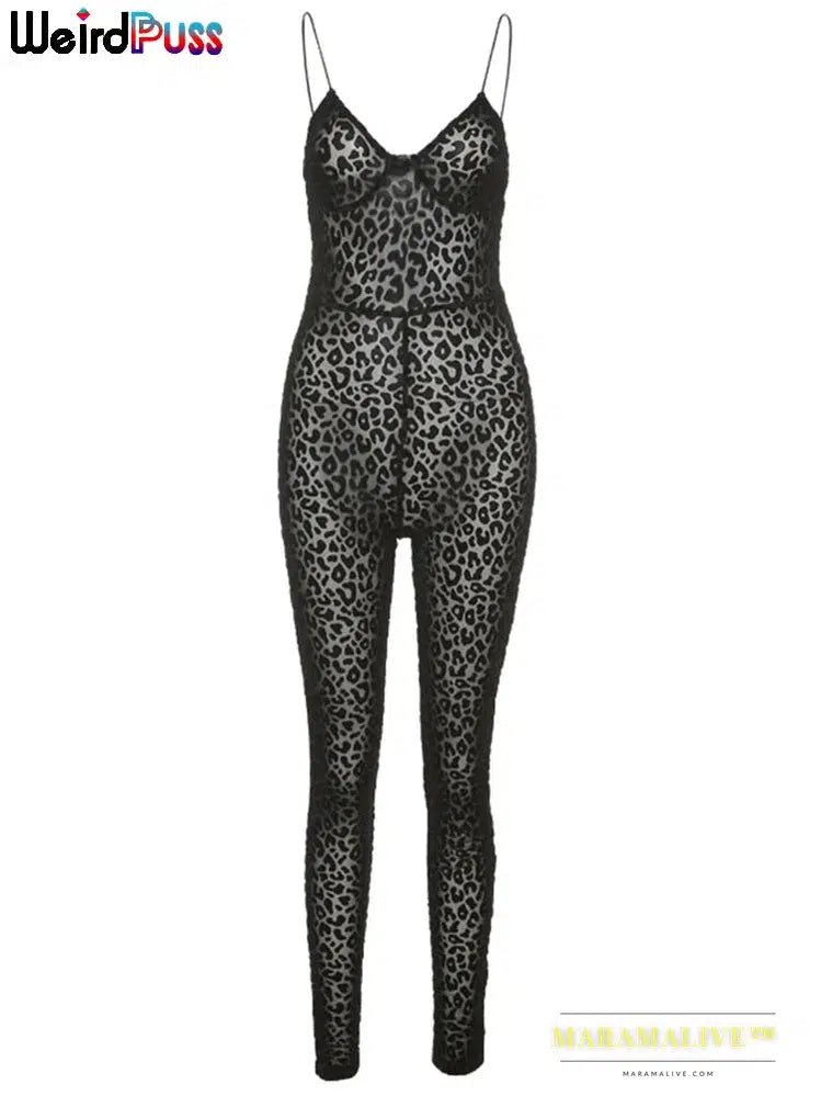 Leopard Print Sexy Skinny Women Jumpsuit Sleeveless Backless Fit Workout Activewear Party Nightclub Stretch Outfits