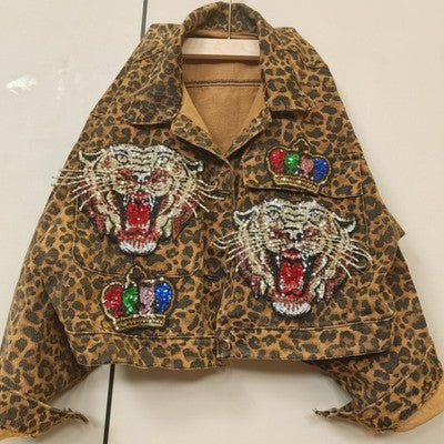 Leopard Print Studded With Nails Bead Mesh Gauze Stitching Denim Short Coat Female