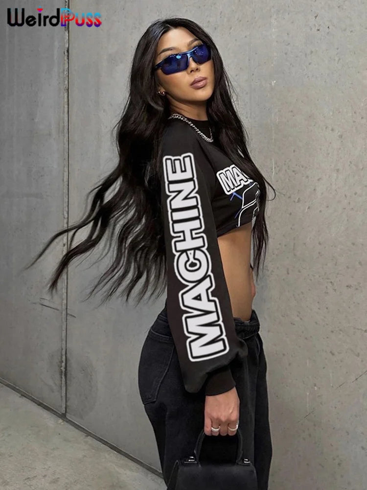 Letter Hipster 2 Piece Set Women Sporty Casual Skinny Lantern Sleeve Crop Tops+Skirts Trend Streetwear Matching Suits