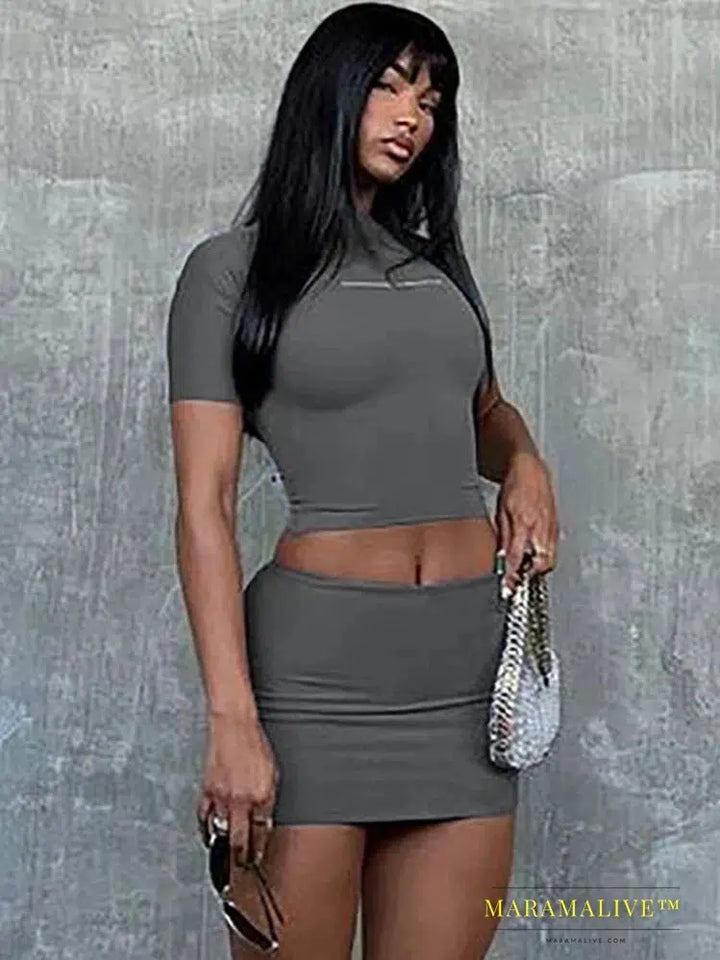 Letter Print 2piece Set Women Round Neck Short Sleeve Crop Top+Skirt Matching Stretch Skinny Street Hipster Sexy Suit