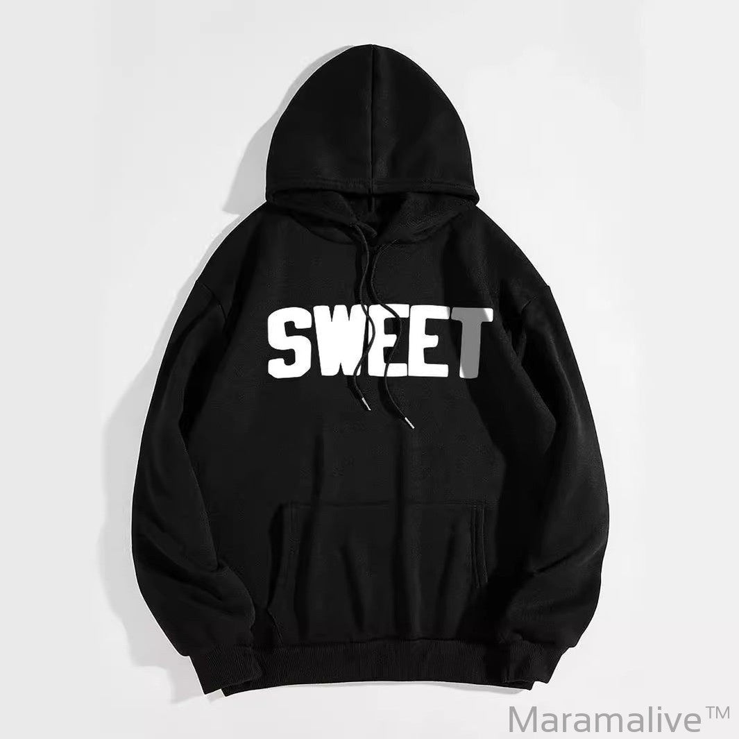 Letter Printed Kangaroo Pocket Drawstring Printed Hoodie