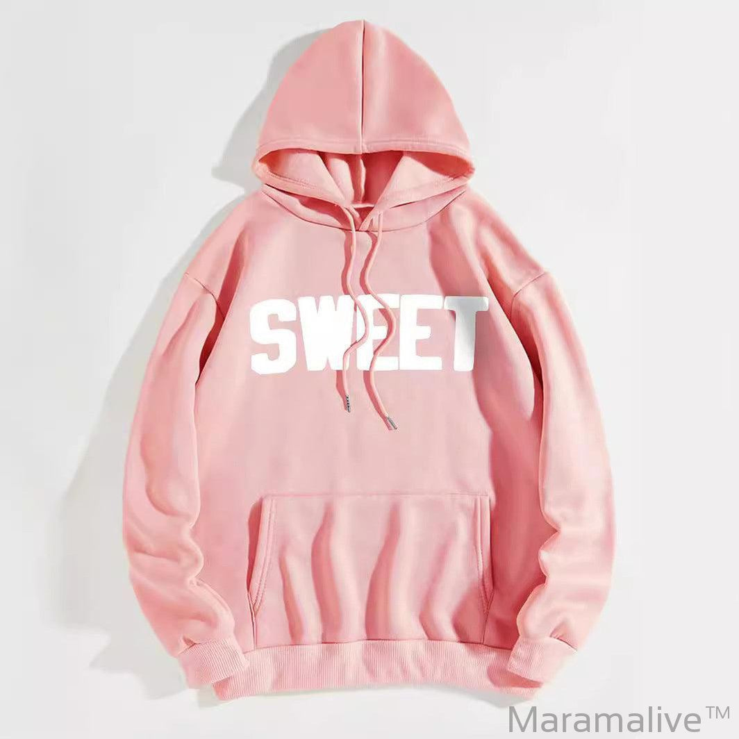 Letter Printed Kangaroo Pocket Drawstring Printed Hoodie