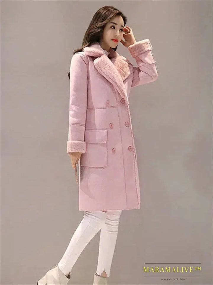 Light Pink Lamb Fur Long Woolen Coat Thickened Cashmere Long Sleeve Loose Fit Women Fashion Tide Winter