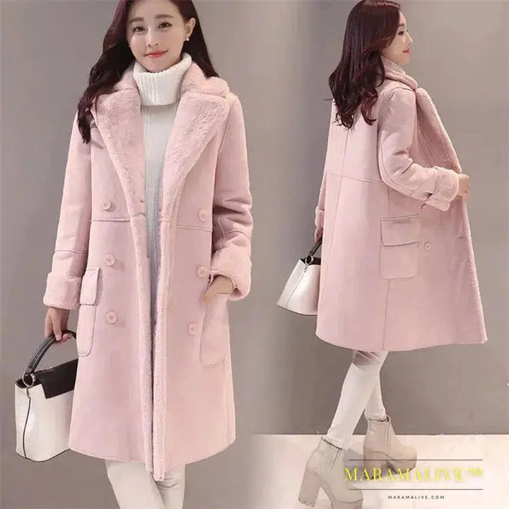 Light Pink Lamb Fur Long Woolen Coat Thickened Cashmere Long Sleeve Loose Fit Women Fashion Tide Winter