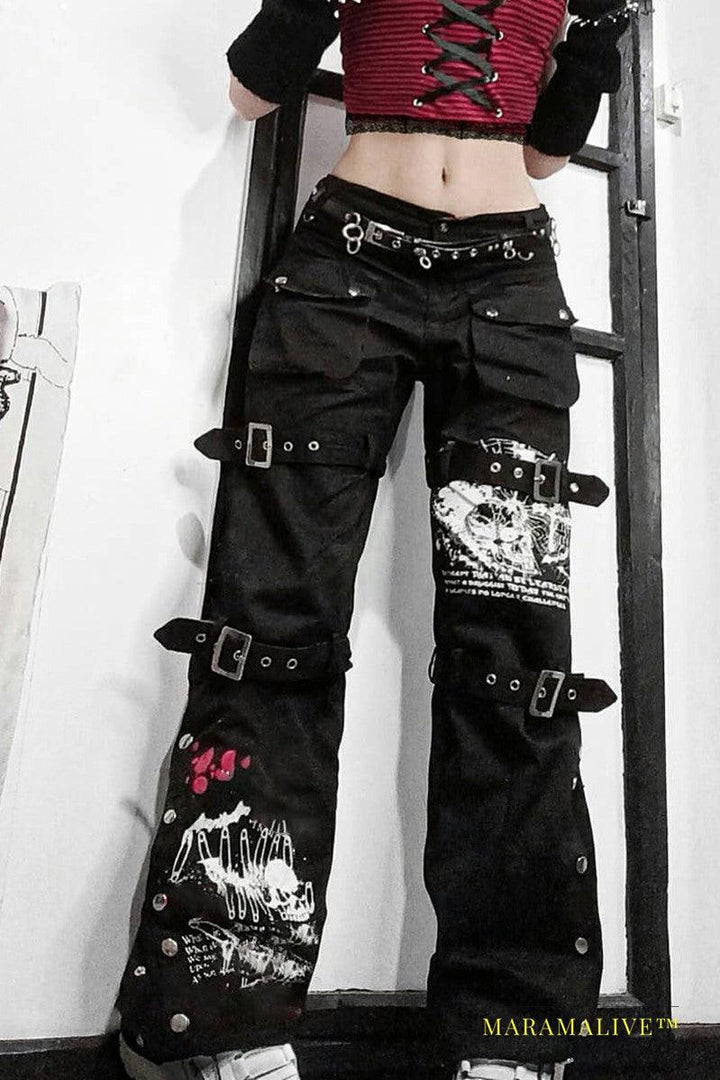 Little Devil Punk Style Leather Buckle Graffiti Black Jeans Wide-leg Slim Straight-leg Pants Trousers