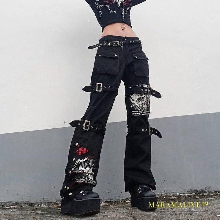 Little Devil Punk Style Leather Buckle Graffiti Black Jeans Wide-leg Slim Straight-leg Pants Trousers