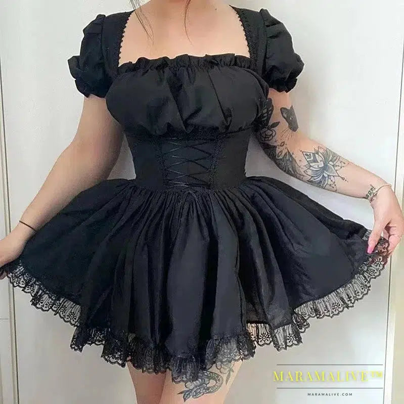 Lolita Black Dress Goth Aesthetic Puff Sleeve High Waist Vintage Bandage Lace Trim Party Gothic Clothes Summer Dress Woman 2024