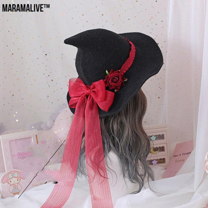 Lolita Halloween Retro Witch Hat Masquerade Rose Big Bow Wizard Hat Gothic Magical Girl Hat Cosplay Accessories Party Decor