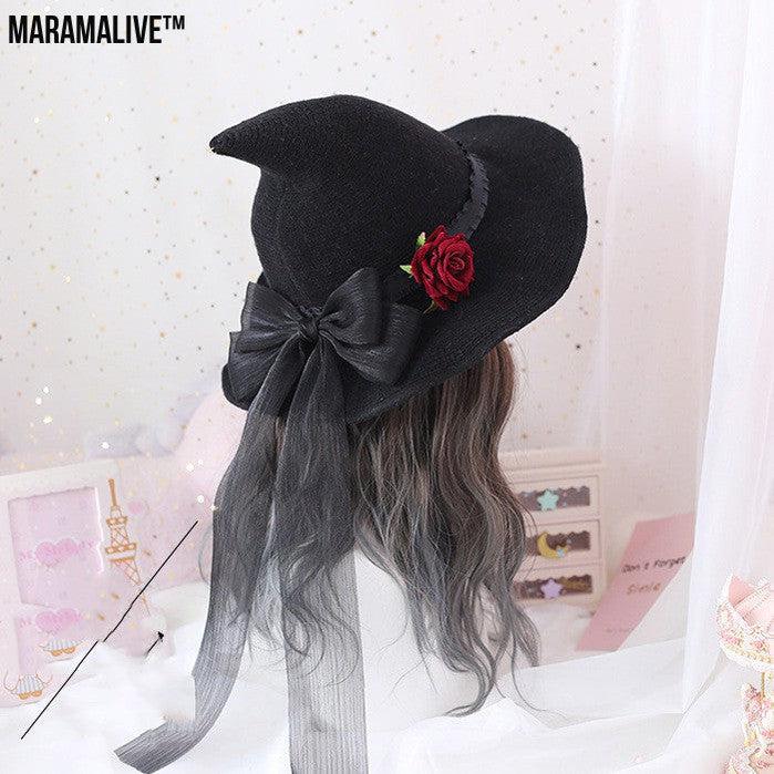 Lolita Halloween Retro Witch Hat Masquerade Rose Big Bow Wizard Hat Gothic Magical Girl Hat Cosplay Accessories Party Decor