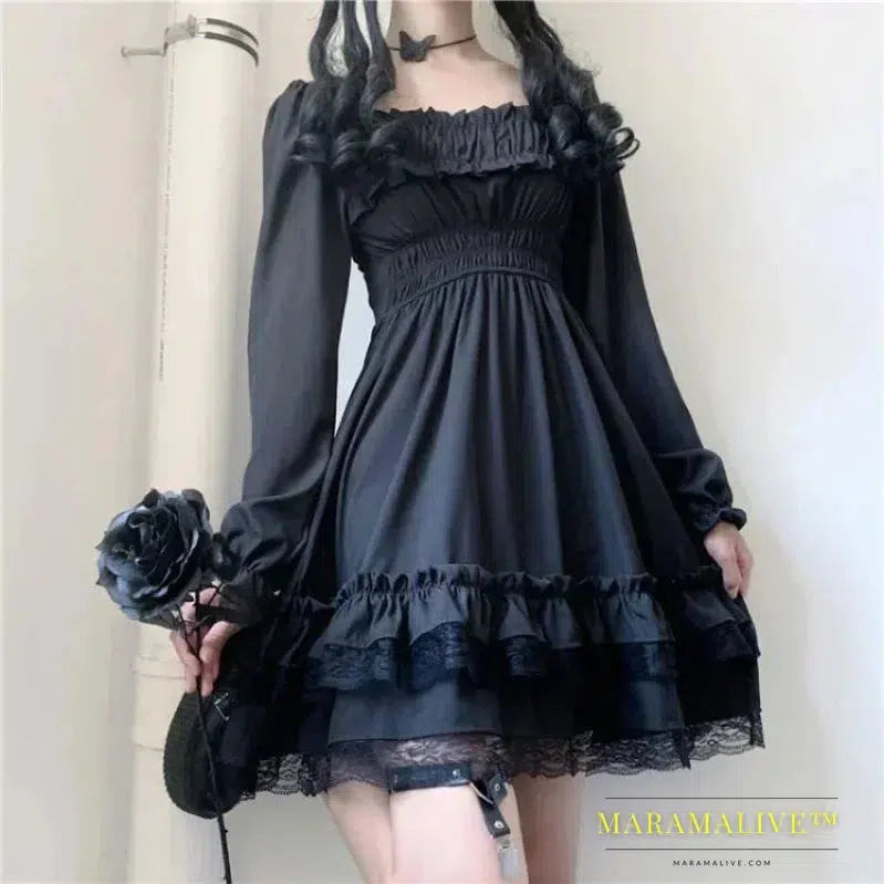 Lolita Style Women Princess Black Mini Dress Slash Neck High Waist Gothic Dress Puff Sleeve Lace Ruffles Party Dresses