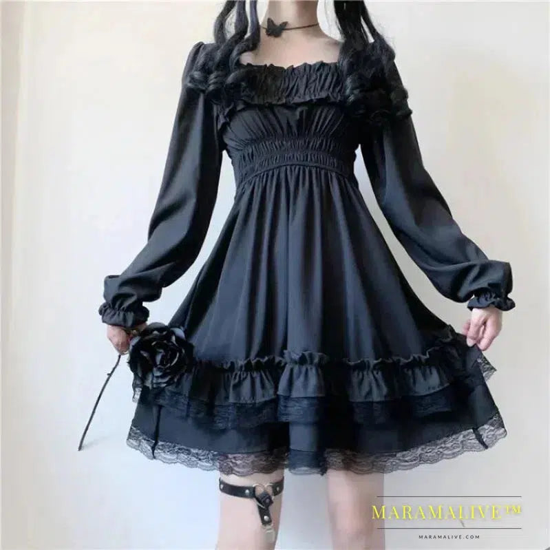 Lolita Style Women Princess Black Mini Dress Slash Neck High Waist Gothic Dress Puff Sleeve Lace Ruffles Party Dresses