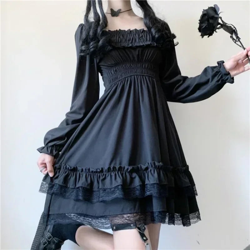 Lolita Style Women Princess Black Mini Dress Slash Neck High Waist Gothic Dress Puff Sleeve Lace Ruffles Party Dresses