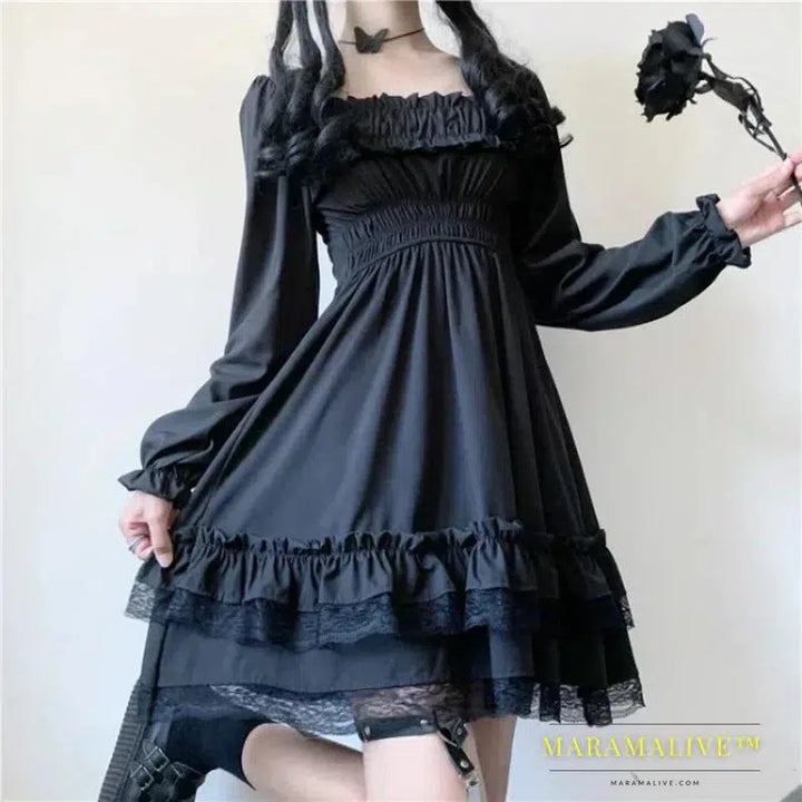 Lolita Style Women Princess Black Mini Dress Slash Neck High Waist Gothic Dress Puff Sleeve Lace Ruffles Party Dresses