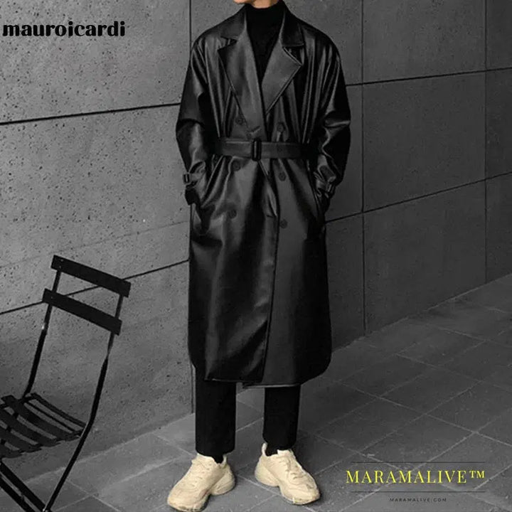 Long Black Oversized Faux Leather Trench Coat Men 2022 Drop Shoulder Belt Faux Leather Coats for Men